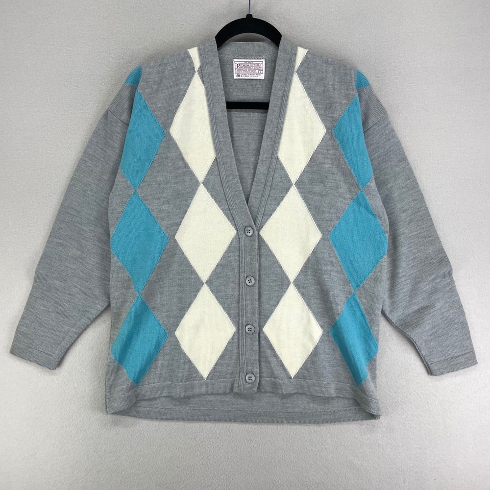 VTG Pendleton Cardigan Sweater Womens LP Grey Argyle Preppy Y2K Wool made in USA